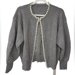 Commense Gray Pearl-Trim Open Cardigan